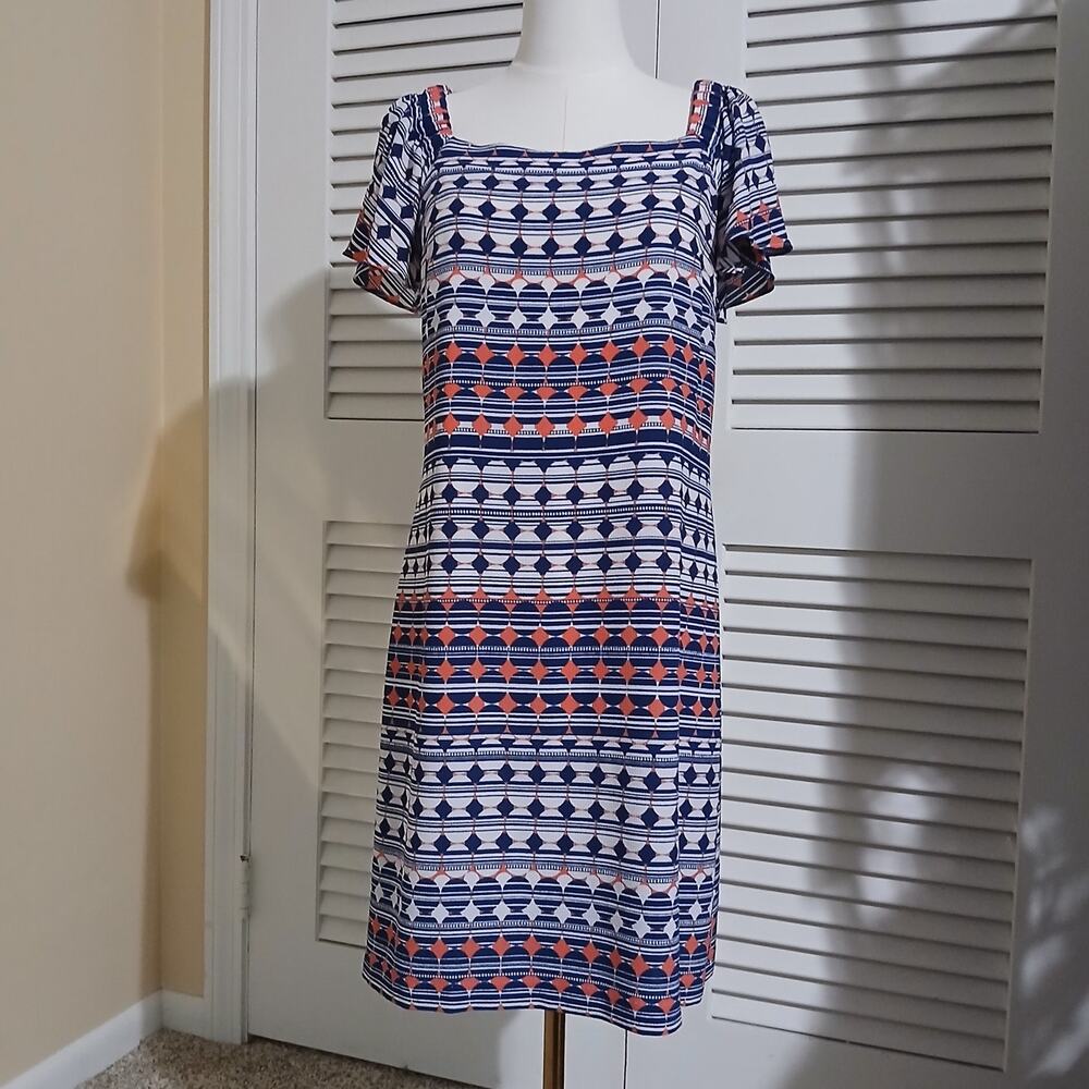 SIGNATURE 12 Dress Square-Neck Flutter-Sleeved Sheath Geometric Print Lined